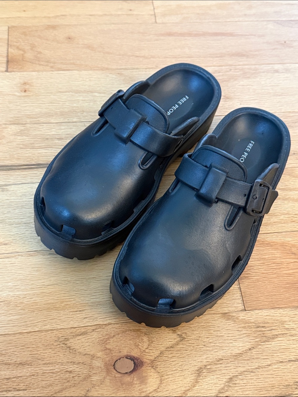 Free People Black Buckle Molded Platform Clog Mules Slip US 6 Casual Retro NWOT